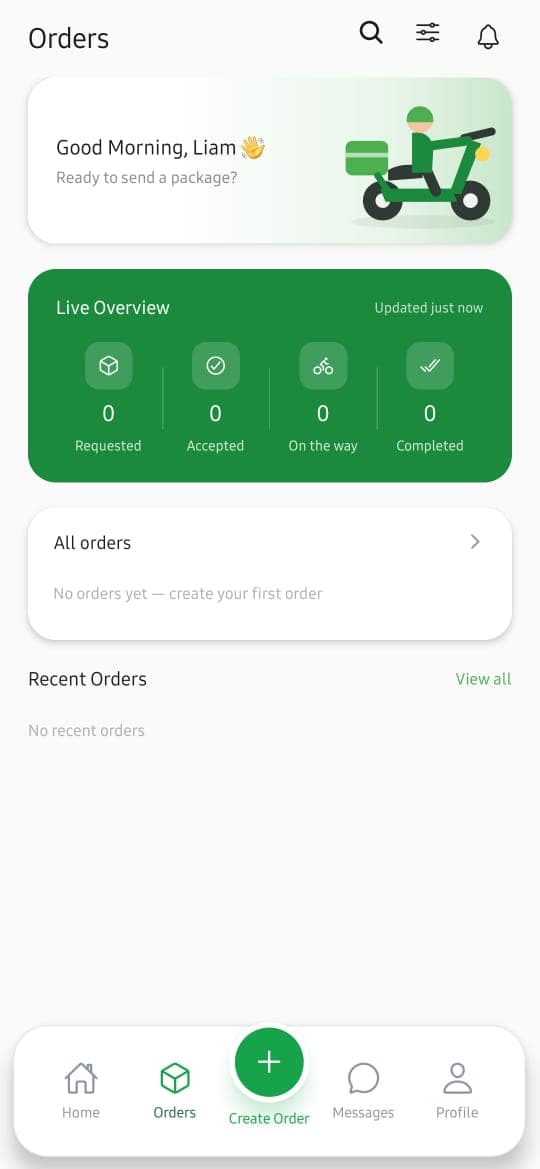The Entreo business app Orders screen: live overview of requested, accepted, on-the-way, and completed orders