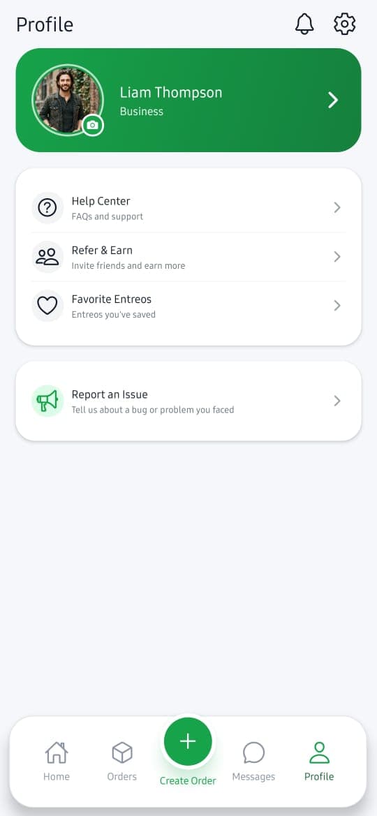 The Entreo business app Profile screen, including saved Favorite Entreos
