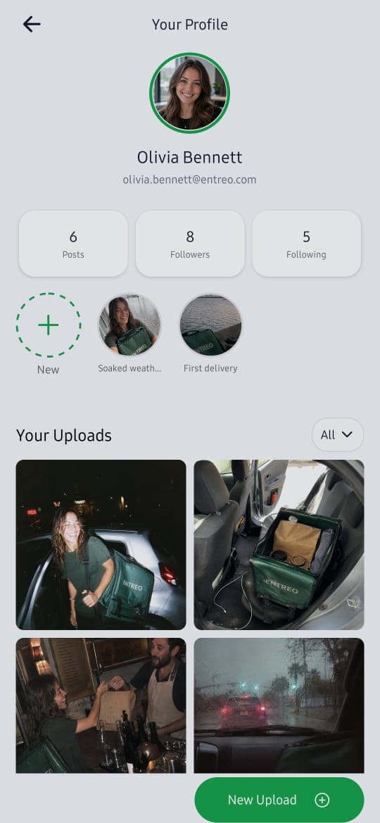 An Entreo profile in the app: name, posts, followers, and uploads from past deliveries