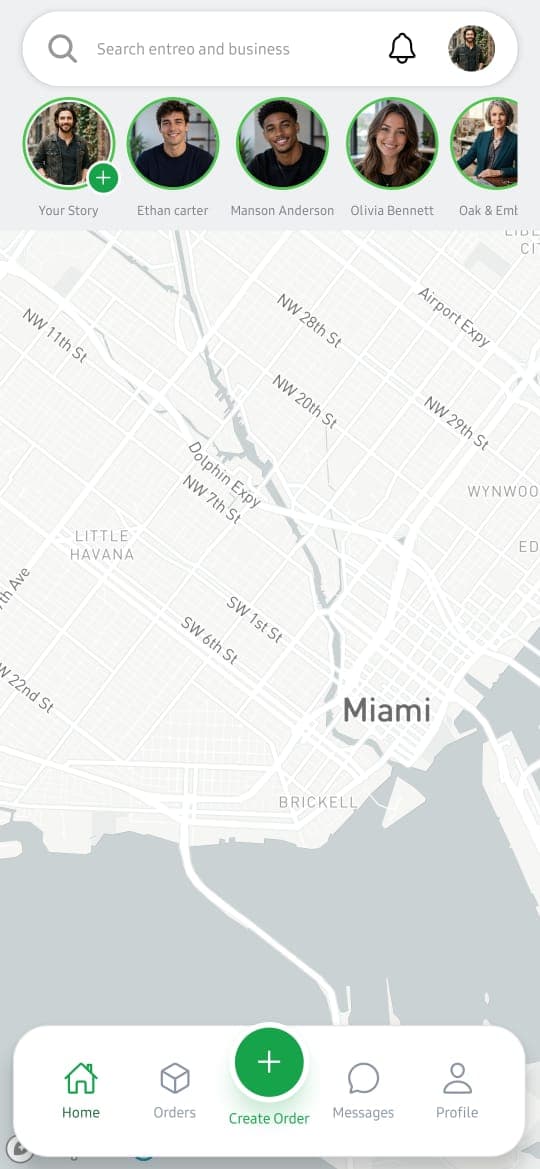 Entreo app showing live delivery tracking on a Miami map