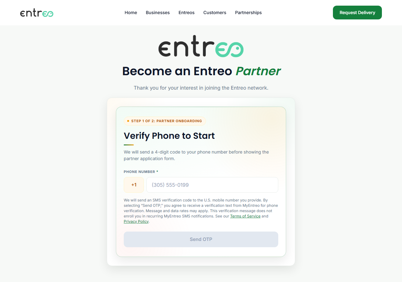 Business: The phone verification step, showing the verification-only disclosure next to the Send OTP button and no SMS consent checkbox.