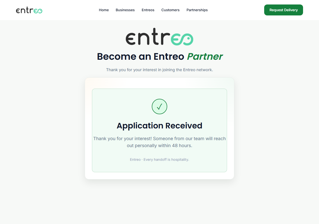 Business: The confirmation screen after submitting the form without opting in to SMS.
