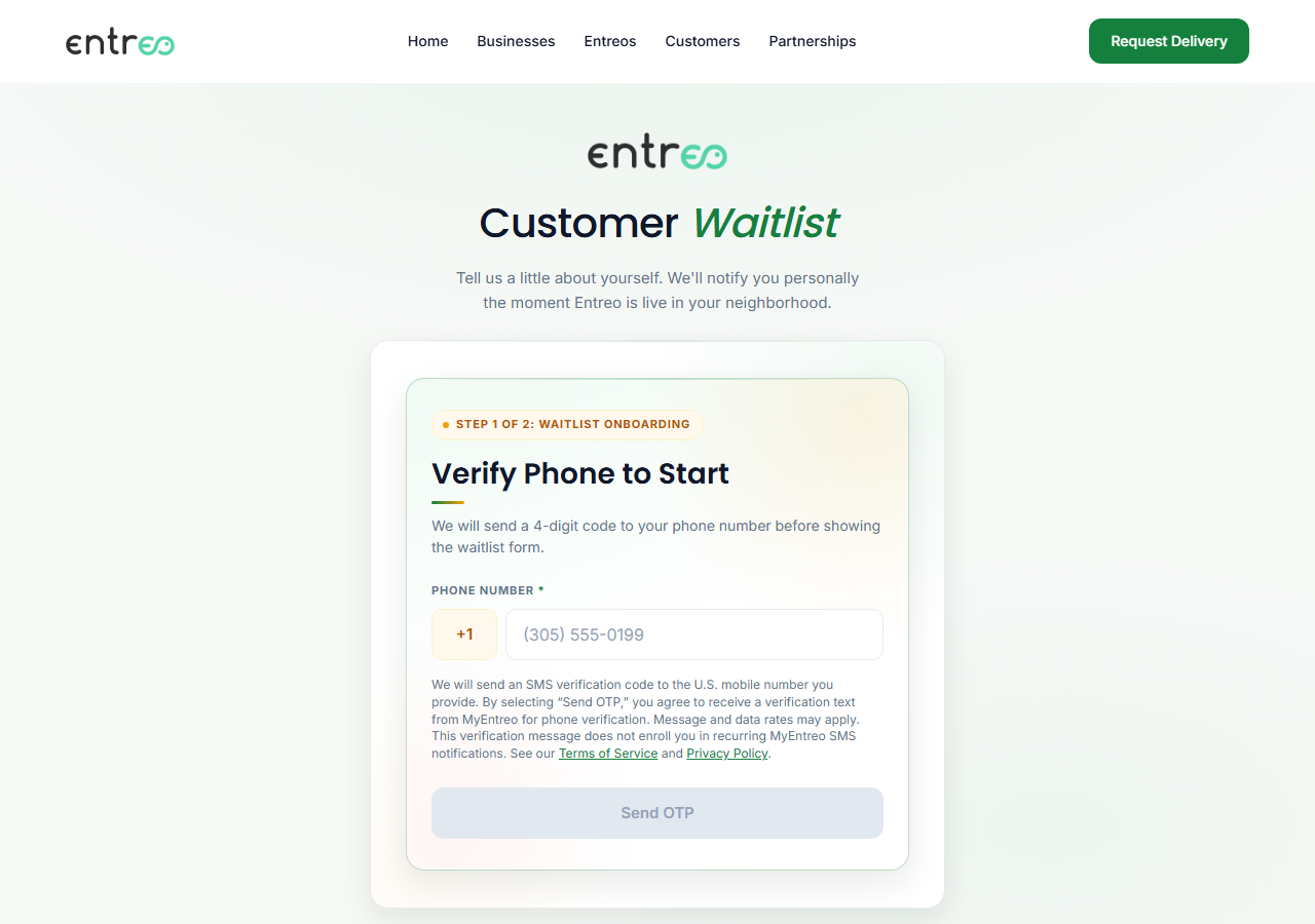 Customer: The phone verification step, showing the verification-only disclosure next to the Send OTP button and no SMS consent checkbox.