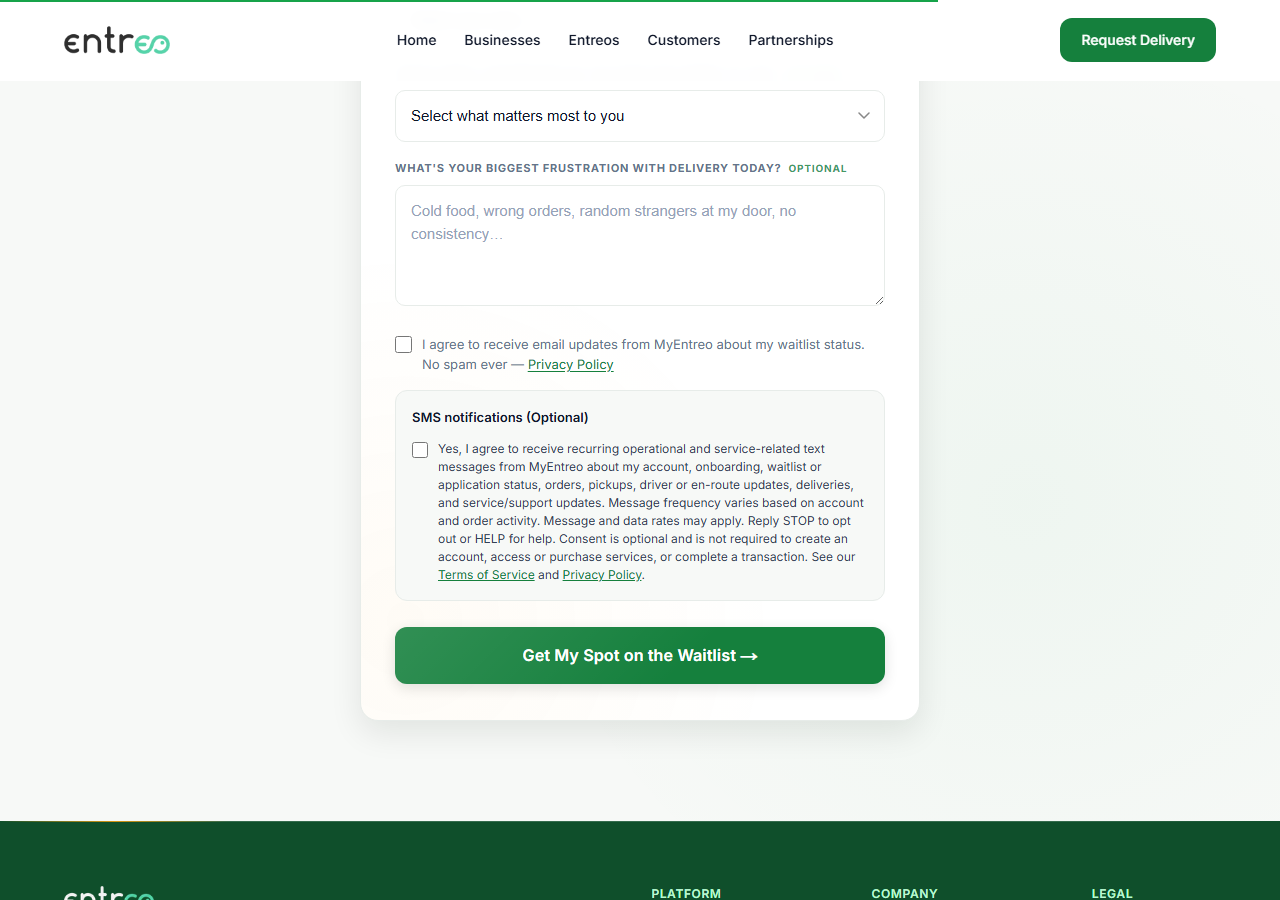 Customer: The onboarding form after verification, showing the SMS notifications (Optional) section with an unchecked checkbox and the full consent disclosure.