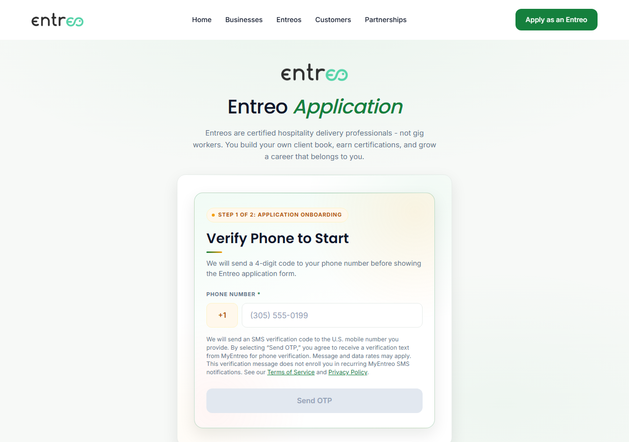 Entreo delivery partner: The phone verification step, showing the verification-only disclosure next to the Send OTP button and no SMS consent checkbox.