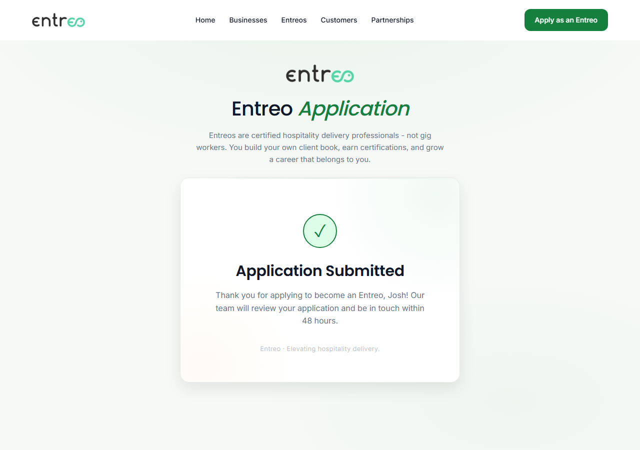 Entreo delivery partner: The confirmation screen after submitting the form without opting in to SMS.